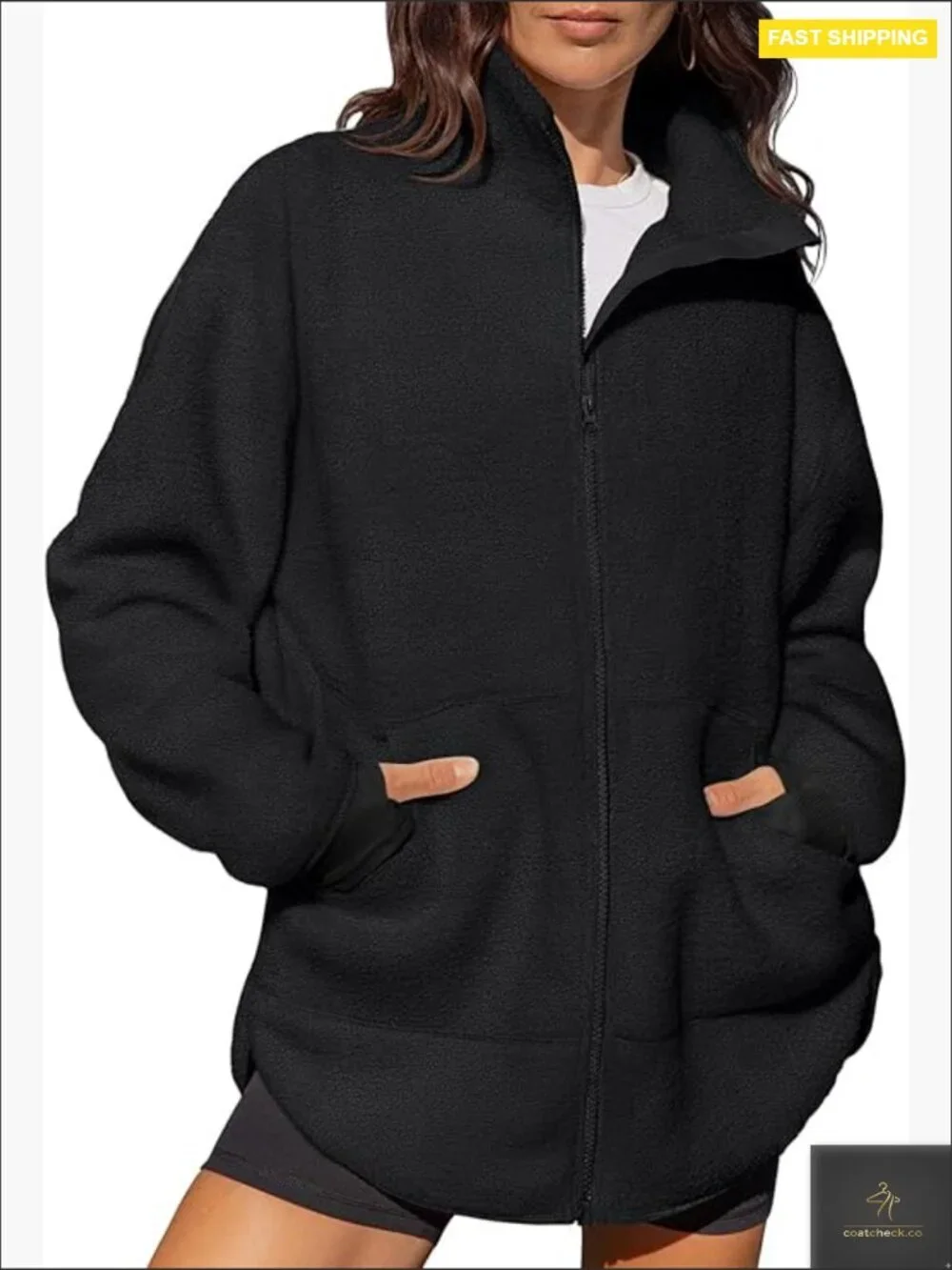 Oversized Sherpa Fleece Jacket Full Zip Stand Collar Y2K Winter Casual